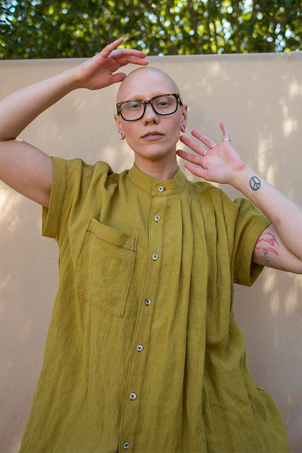 Linen, Asymmetrical Pleated Shirt - Chartreuse | Rebecca Rae Design