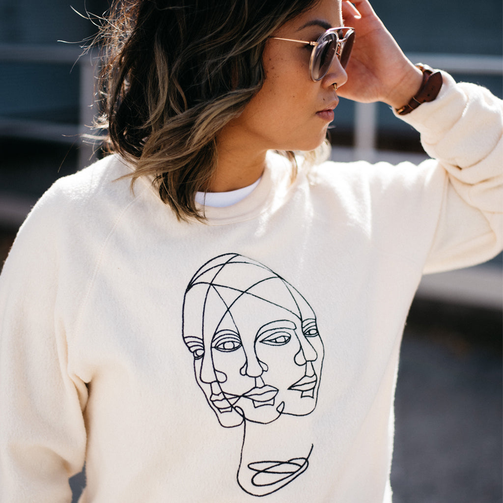 Pullover Crewneck, Cozy Eco-Fleece, Embroidered Sweatshirt - Mindfulness Full Length