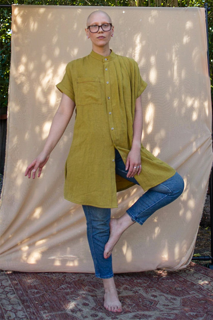 Linen, Asymmetrical Pleated Shirt, Chartreuse