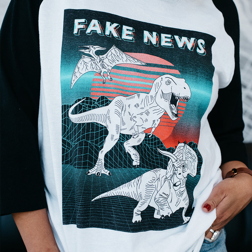 Dinosaur, Fake News, Baseball Tee
